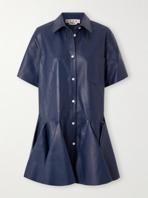 Pleated Leather Mini Shirt Dress