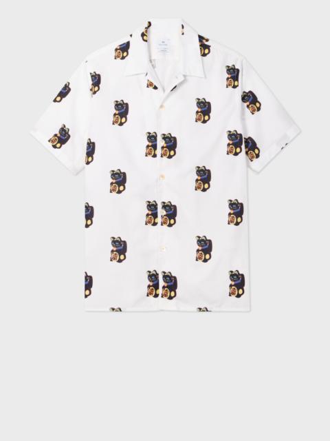 White 'Lucky Cat' Print Short-Sleeve Shirt