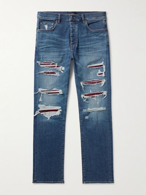 Thrasher Slim-Fit Distressed Croc-Effect Leather-Trimmed Panelled Jeans Blue