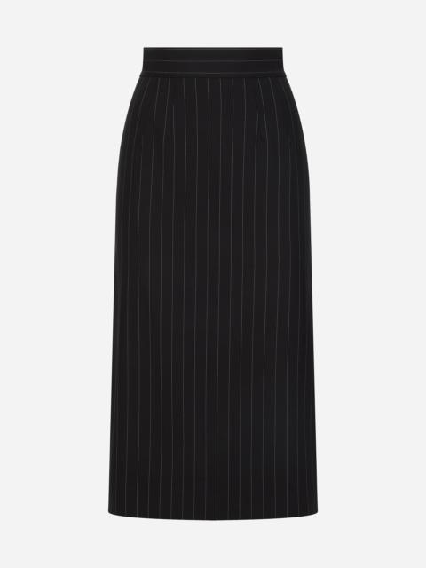 Pinstripe wool calf-length skirt
