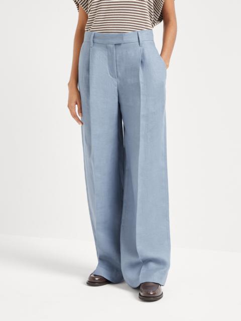 Dyed hemp and linen gabardine loose pleated trousers with monili