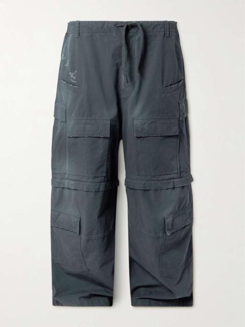 Wide-Leg Distressed Cotton-Ripstop Drawstring Cargo Trousers