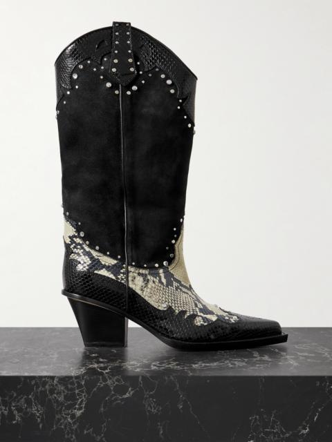 American Flame Snake-effect Leather Embellished Suede Cowboy Boots