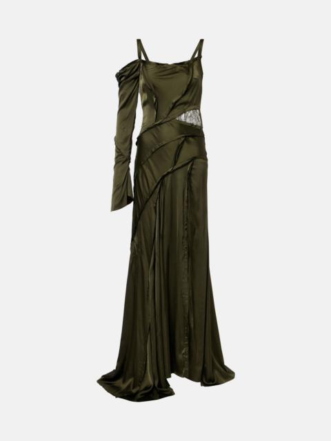 Asymmetric lace-trimmed satin gown