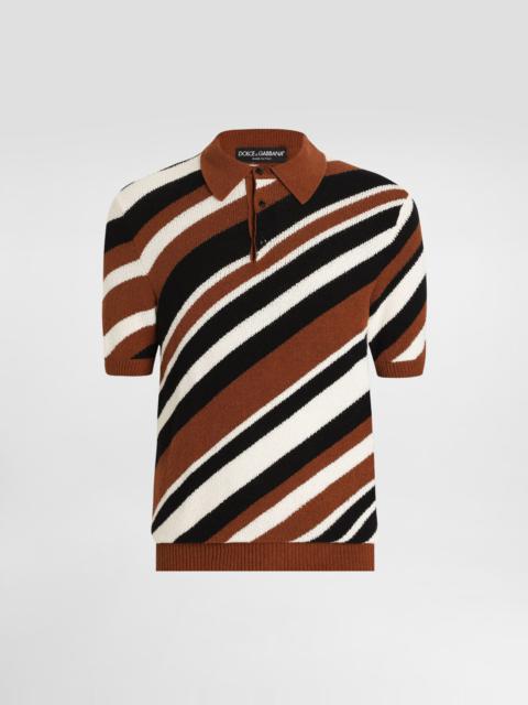 Short-sleeved cotton polo-shirt with striped inlay