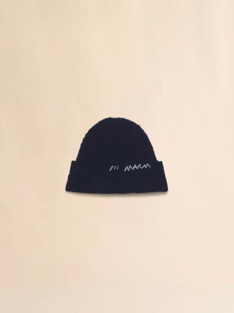 DEEP BLUE WOOL-CASHMERE BEANIE WITH MARNI MENDING
