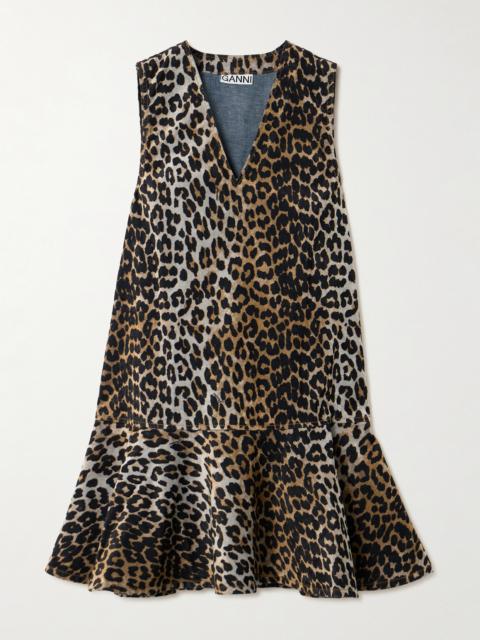 Ruffled Leopard-print Flocked Recycled-denim Mini Dress