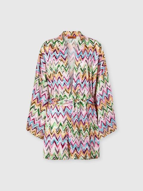 Kimono cover-up in stretch viscose with lace and zigzag motif