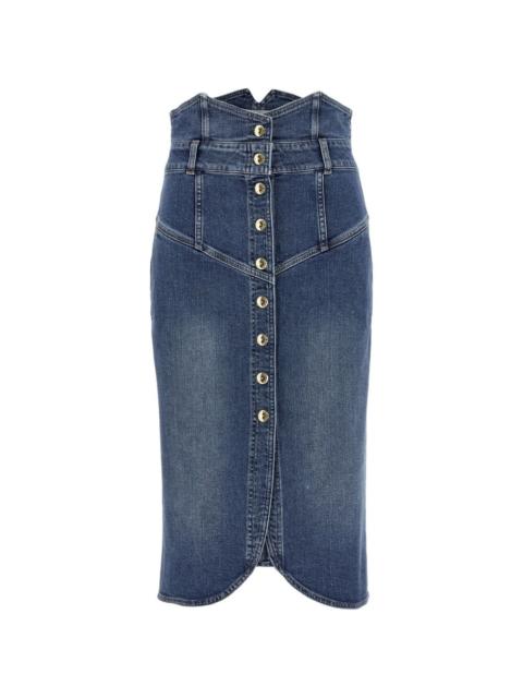 contrast-stitching high-waisted midi denim skirt