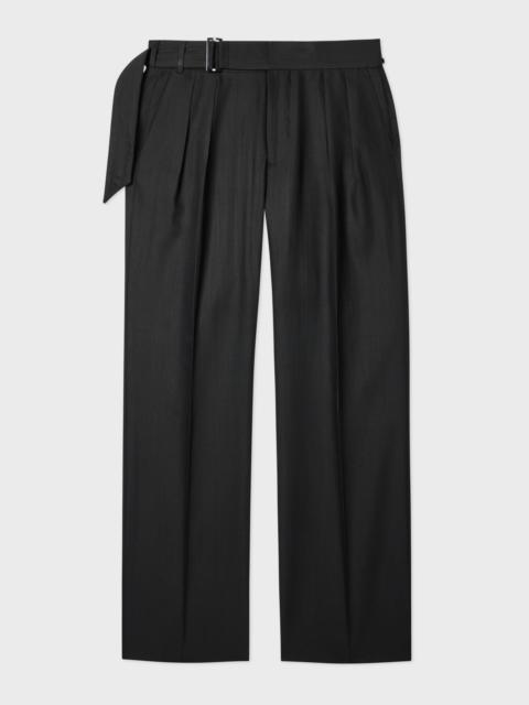 Black Textured Wool-Lyocell Belted Trousers