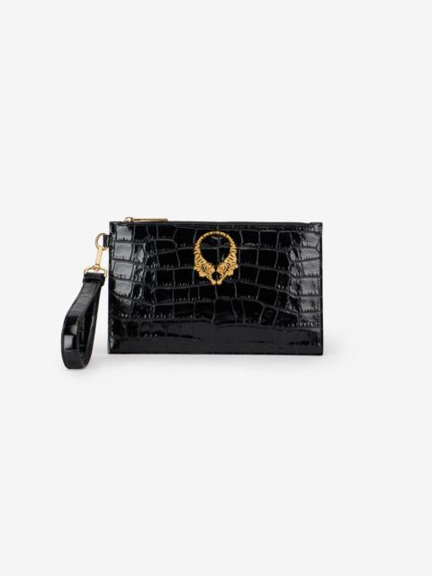 Crocodile-embossed leather clutch