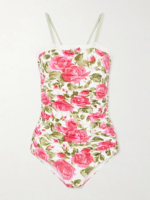 Bow-detailed Ruched Lace-trimmed Floral-print Swimsuit