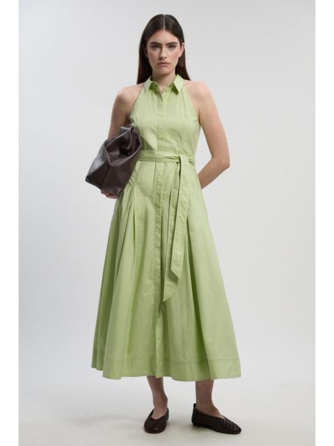 Cotton Collared Halter Neck Woven Midi Shirt Dress With Dropped Waist Detail