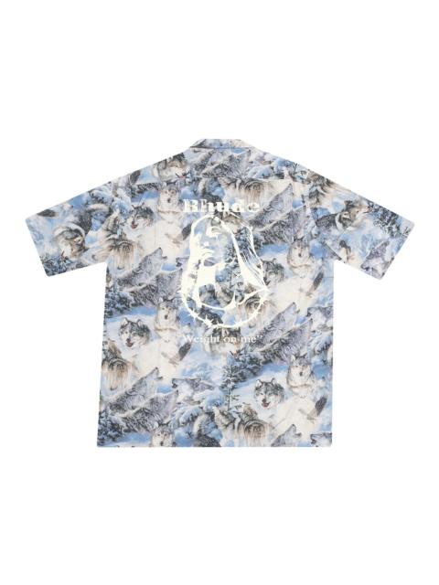 Rhude Wolves SS Button Up in Wolves Print Shirt Blue