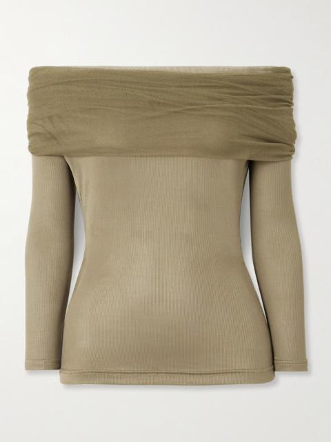 Veiled Draped Off-the-shoulder Ribbed Jersey And Silk-tulle Top