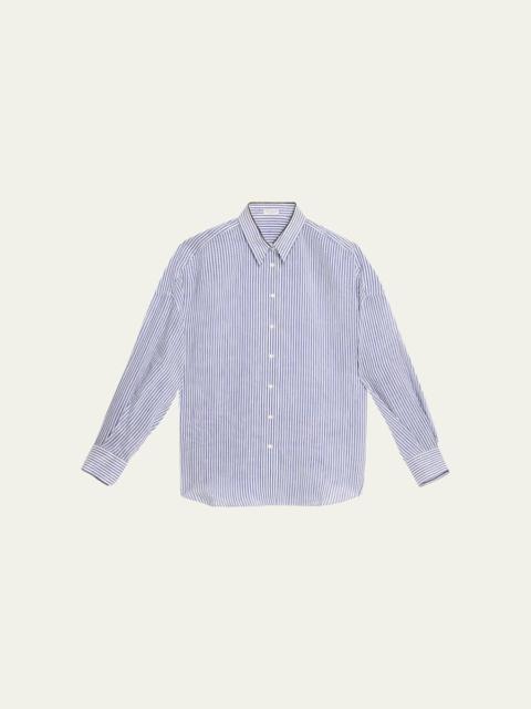 Stripe Button Down Linen Shirt with Piping Collar