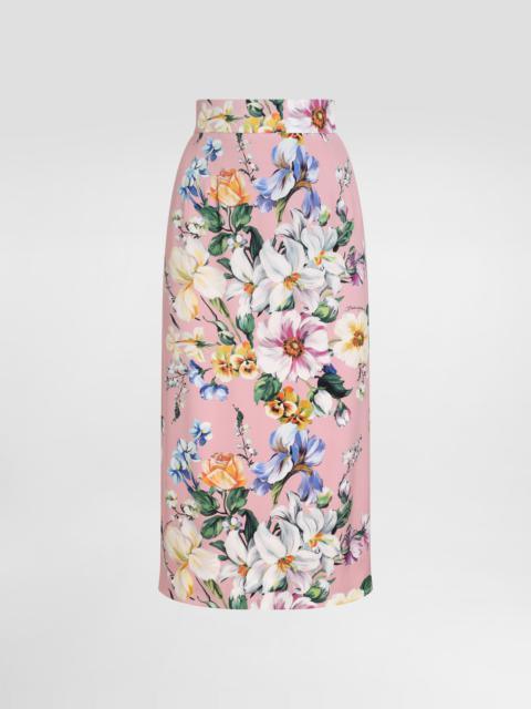 Floral-print charmeuse calf-length skirt
