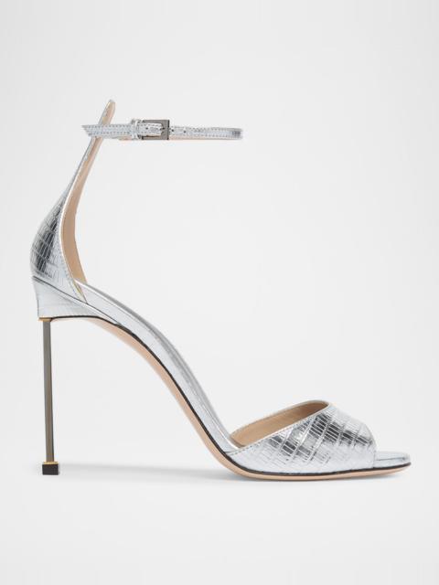105mm Embossed Metallic Leather Ankle-Strap Sandals