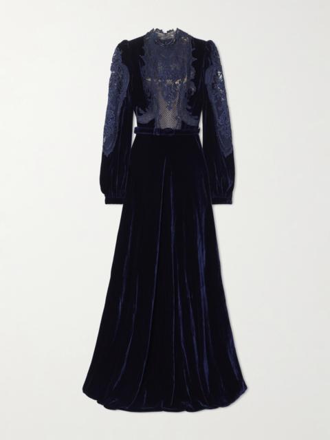 Belted Lace-paneled Velvet Gown