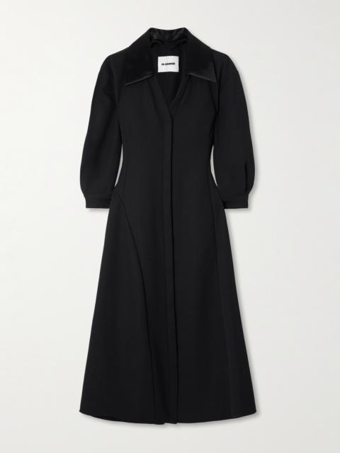 Asymmetric Satin-trimmed Wool-twill Midi Shirt Dress
