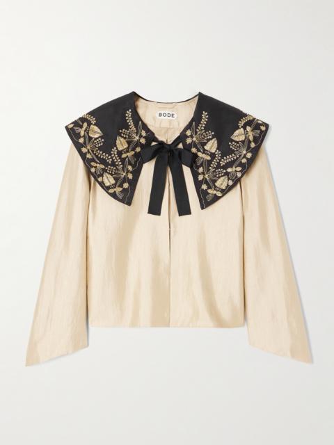 Gilt Bead-embellished Grosgrain-trimmed Dupioni Jacket