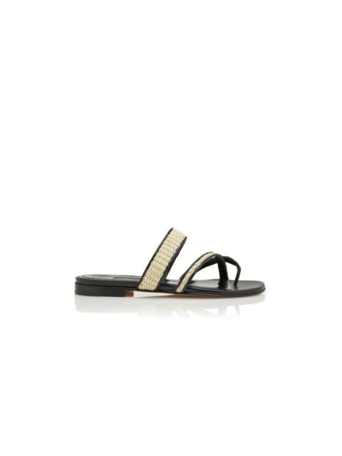 Black and Beige Raffia Flat Sandals