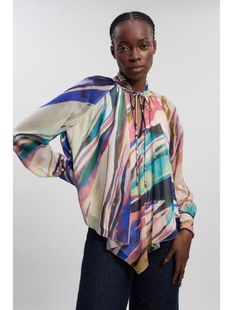 Marble Print Crinkle Chiffon Cape Woven Blouse