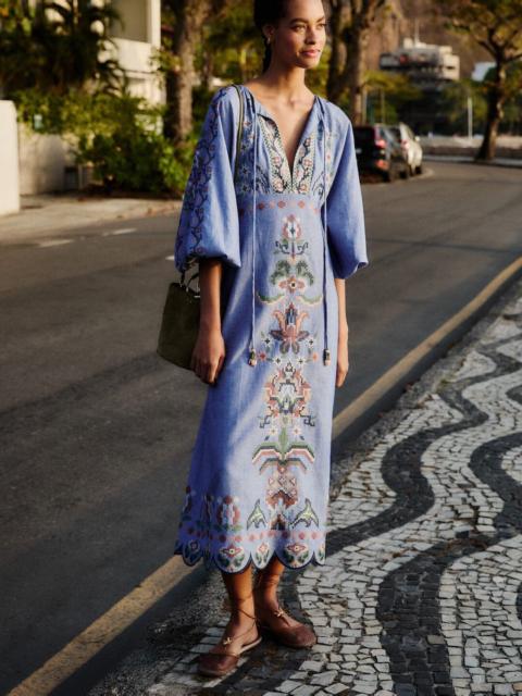 Blue Garden Tapestry Embroidered Long Sleeve Midi Dress