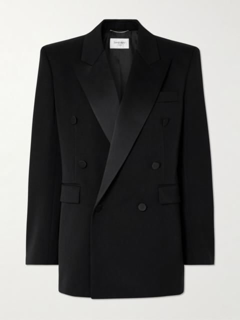 Double-breasted satin-trimmed wool blazer Black
