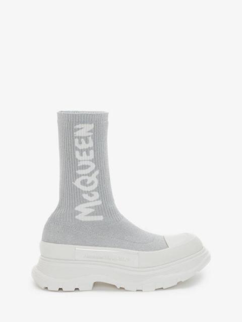 Mcqueen Graffiti Knit Tread Slick Boot in White/silver