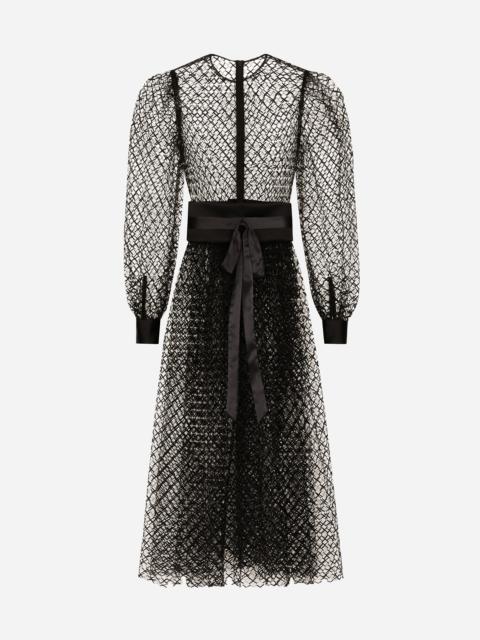 Calf-length mesh dress with wool crepe belt