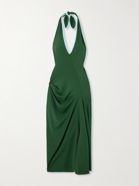 Gathered Two-tone Stretch-jersey Halterneck Midi Dress