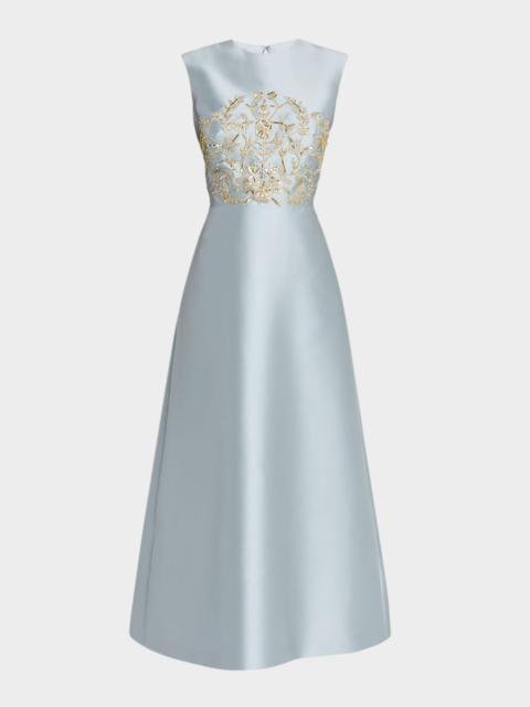 Petals, Spice, and Whispers of Plumage Embroidered Satin Dress