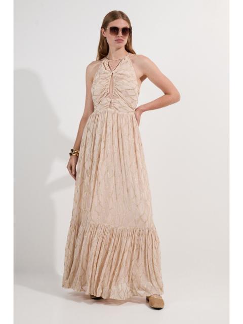 Viscose Metallic Georgette Halter Woven Maxi Dress