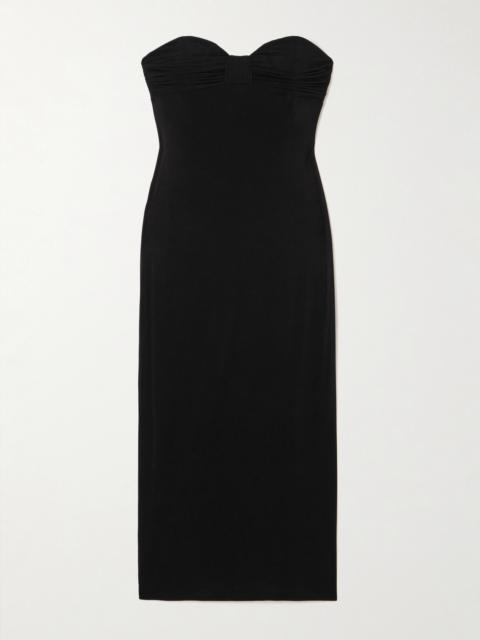 Strapless Gathered Jersey Midi Dress