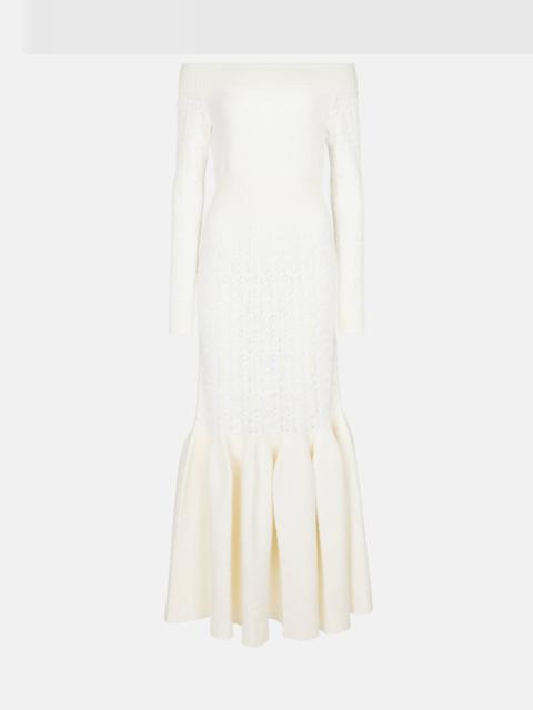 Off-shoulder velvet-trimmed maxi dress