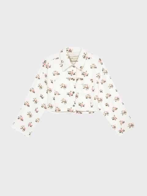 COTTON JACKET WITH FLORAL PRINT AND RHINESTONE PIN