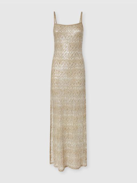 Long cover-up in lamé viscose with lace motif and sequins