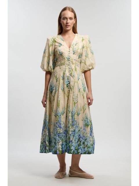 Silk Cotton Trailing Floral Puff Sleeve Midi Dress
