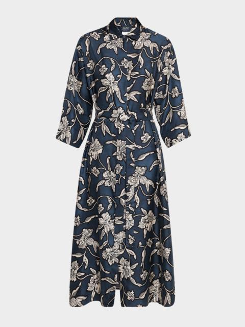 Peonia Floral Silk Belted Midi Shirtdress