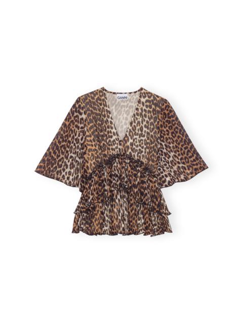 LEOPARD PLEATED GEORGETTE V-NECK FLOUNCE BLOUSE