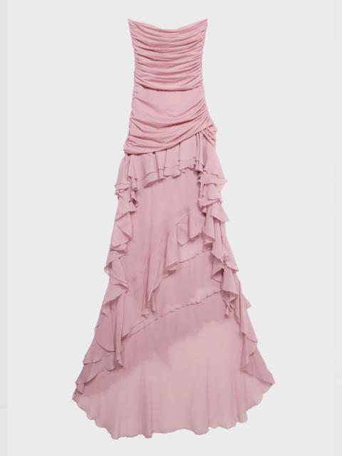 ASYMMETRICAL GEORGETTE AND JERSEY DRESS WITH GATHERING AND RUFFLES