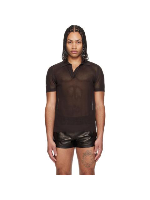Brown Cotton Silk Mesh S/S Buttonless Polo