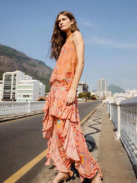 Mocha Boho Enhance Ruched Ruffled Maxi  Skirt