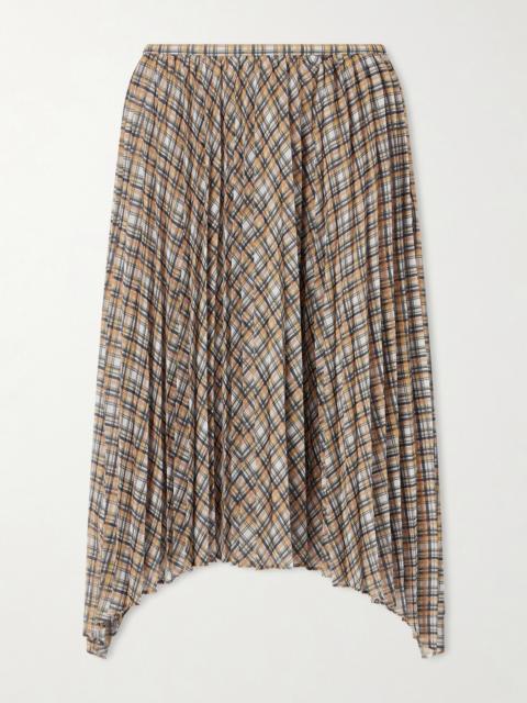 Asymmetric Pleated Checked Chiffon Midi Skirt