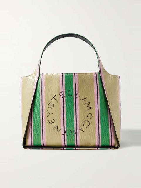 Vegetarian leather-trimmed studded striped raffia tote