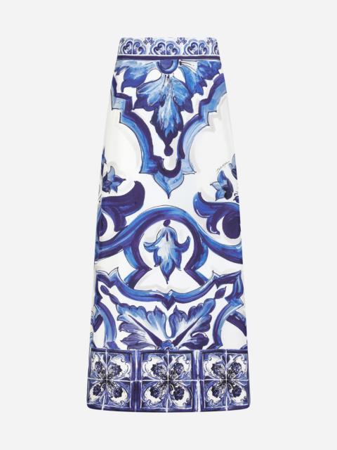 Majolica-print charmeuse calf-length skirt with slit