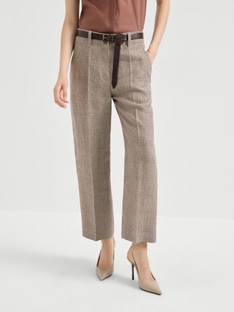 Linen Prince of Wales square cigarette trousers with monili