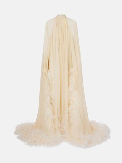 Feather-trimmed silk gown