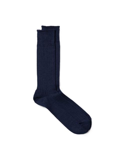 Rototo Linen/Cotton Ribbed Crew Socks Navy